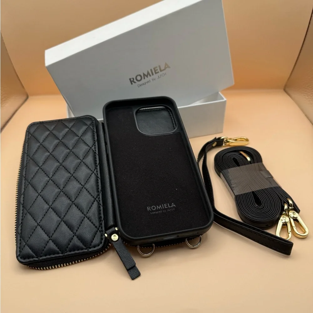 Romiela Black Quilted Crossbody Wallet, magnetic Case for iPhone 13 Pro NWOT